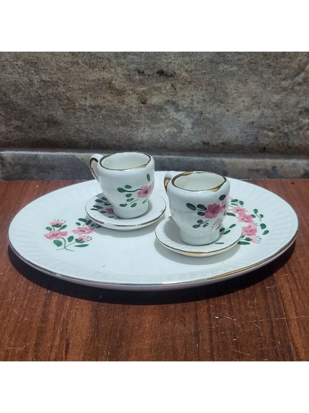 Vintage Miniature Porcelain Tea Set 5 Pc Hand Painted Pink Floral Gold Trim Tray